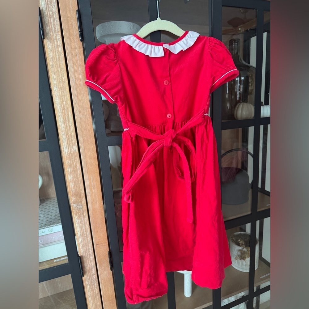 Anavini Christmas trees smocked dress bow corduroy puff sleeve toddler collar - Picture 4 of 5